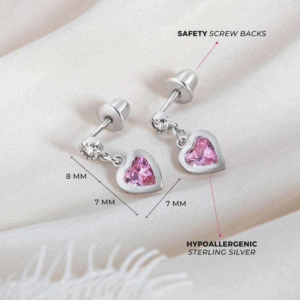 Kid's Dangle Hearts Sterling Silver Screw Back Earrings for Kids -  Hypoallergenic for Toddlers to Little Girls